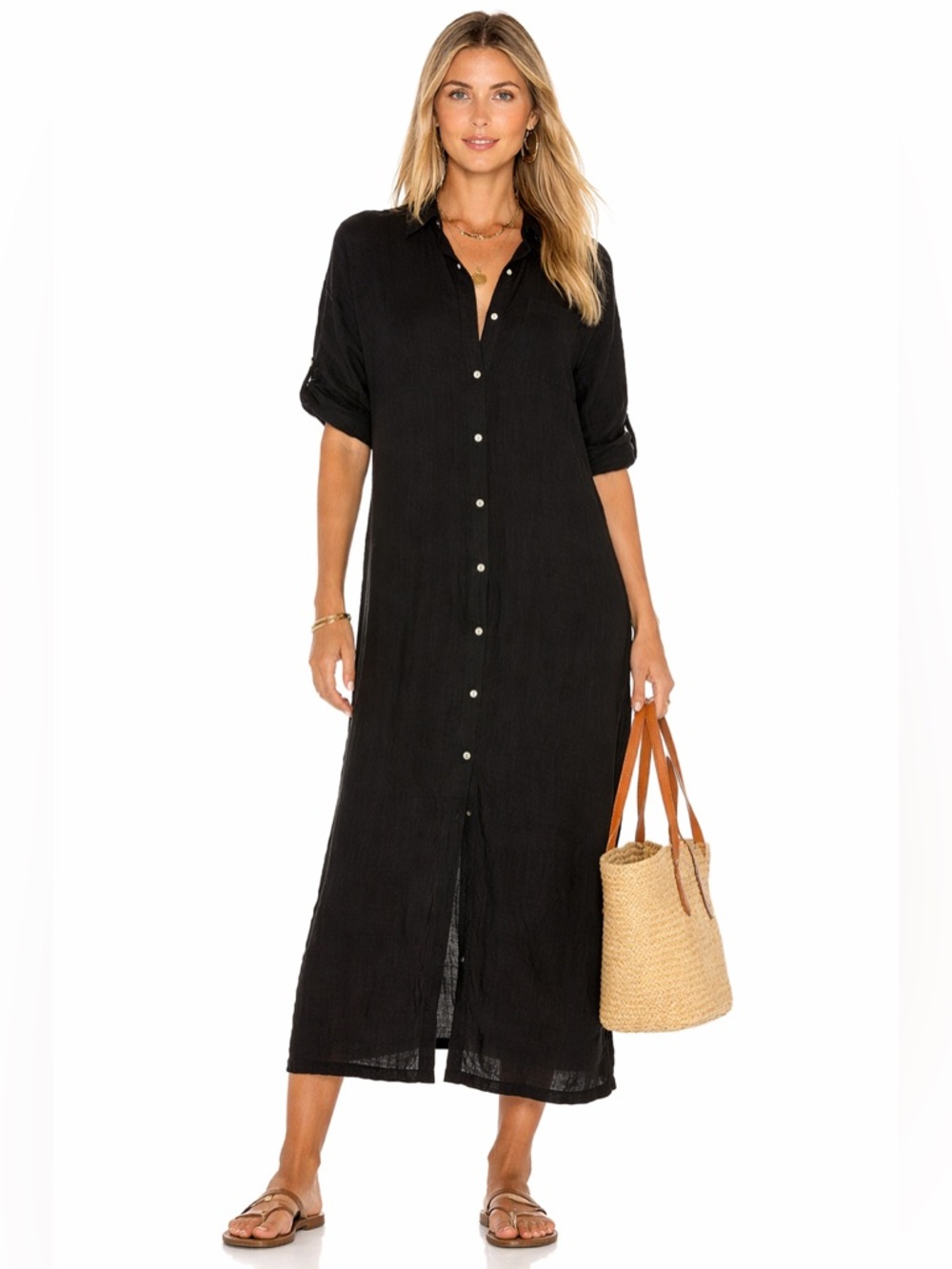 Pistache Linen Shirt Dress Black Made in Italy Relaxed Minimalist Midi